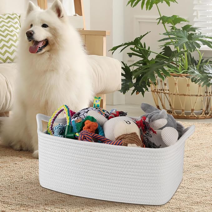 OIAHOMY 19L Woven Basket, Gift Basket Empty with Gift Bags and Ribbons, Rope Baskets for Baby Showers, Storage Baskets with Handles for Nursery, Pet Toy Organizer - White