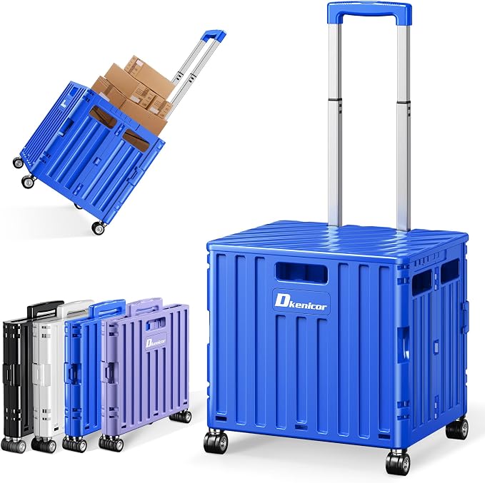 Folding Utility Cart with Lid, Portable Rolling Crate Handcart Collapsible Shopping Trolley, Durable Plastic Foldable Tool Basket with 4 Rotate Wheels for Grocery, Office, Luggage, School - Blue
