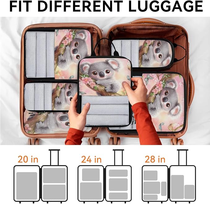 Cute Koala 6 Set Compression Packing Cubes Animals Expandable Packing Organizer for Travel Accessories Luggage Suitcase Bag