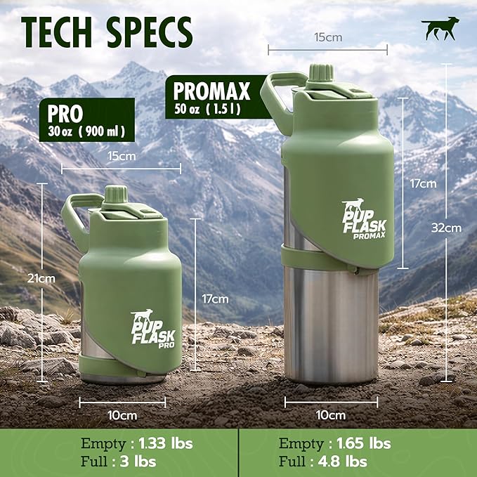 PupFlask Pro Dog Water Bottle | 30 or 50 OZ Double Wall Insulated Stainless Steel | Built-in Flip Cup Bowl | Leak Proof Cap | 24+ Hour Cold Water | Small & Large Dogs | Portable Pet Hydration Bottle