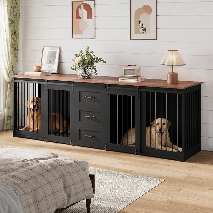 95" Large Dog Crate Furniture for 2 Dogs, Farmhouse Wooden Dog Kennel with 3 Storage Drawers, Heavy Duty Furniture Style TV Stand with Sliding Barn Doors