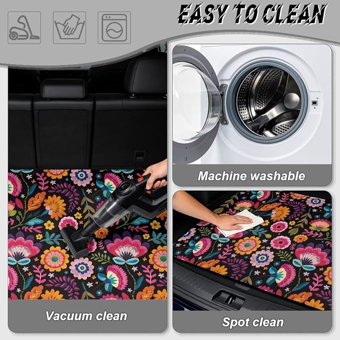 Colorful Floral Print Non Slip Car Trunk Mat, Universal All Weather Cargo Liner 29" x 39", Durable Washable Pet Friendly Rear Trunk Protection Mats