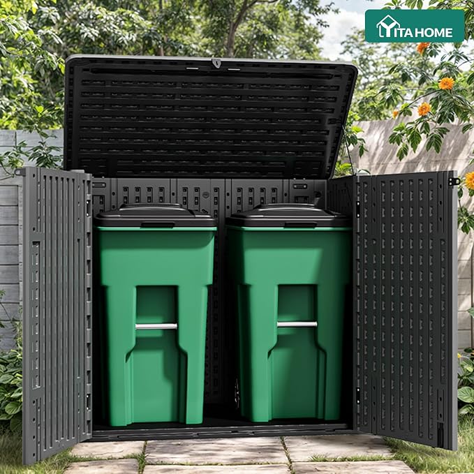 YITAHOME 30 Cu Ft Outdoor Storage Shed, Waterproof Storage Cabinet for Bike & Garden Shed, Horizontal Outdoor Storage Shed for Garage, Pool Storage, Dark Gray & Black