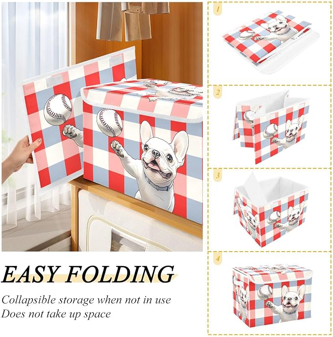 Dog Baseball Fabric Storage Bins with Lid Closet Storage Basket 40L | Decorative Storage Boxes, 300D Oxford Cloth, Hollow Board Frame, Flip Top Velcro Lid, 16.5x12.6x11.8 inch, Collapsible Design