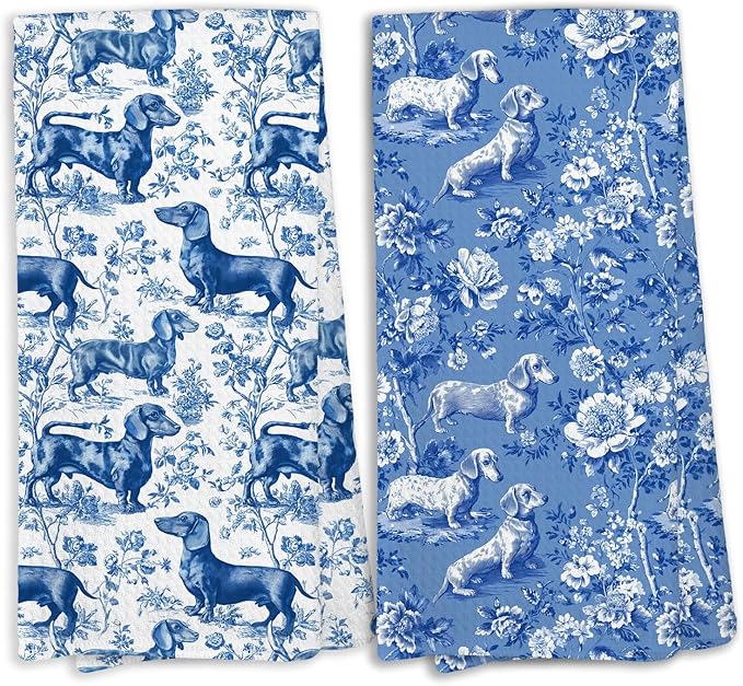 Blue and White Chinoiserie Dachshund Flower Kitchen Towels,Dachshund Weiner Dog Lover Gifts for Women Mom Dish Towels,Botanical Weiner Dog Hand Towel Decorative Set Home & Kitchen