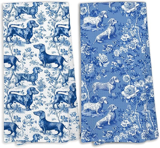 Blue and White Chinoiserie Dachshund Flower Kitchen Towels,Dachshund Weiner Dog Lover Gifts for Women Mom Dish Towels,Botanical Weiner Dog Hand Towel Decorative Set Home & Kitchen