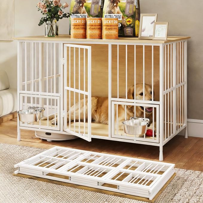 Hadulcet 41'' Foldable Dog Crate Furniture, Large Dog Kennel with 2 Bowls | Wooden Crate Table with Storage Top, Furniture Style Indoor Kennel for Small to Large Dogs with Rotating Food Door, Oak
