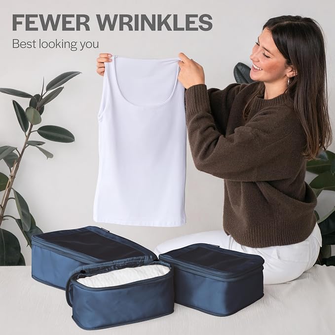 Compression Packing Cubes for Travel, 4-Pack, Dark Blue | Solves overpacking, 4-Piece set fits most carry-ons, 50% Space savings, Compression luggage organizer bags
