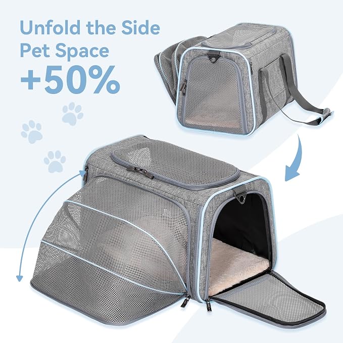 Petsfit Large Expandable Cat Carrier for Travel, Up to 18 lb | 19 x 12 x 12 in; roomy expandable space with a reinforced frame, locking zippers, interior safety tether and large pocket.