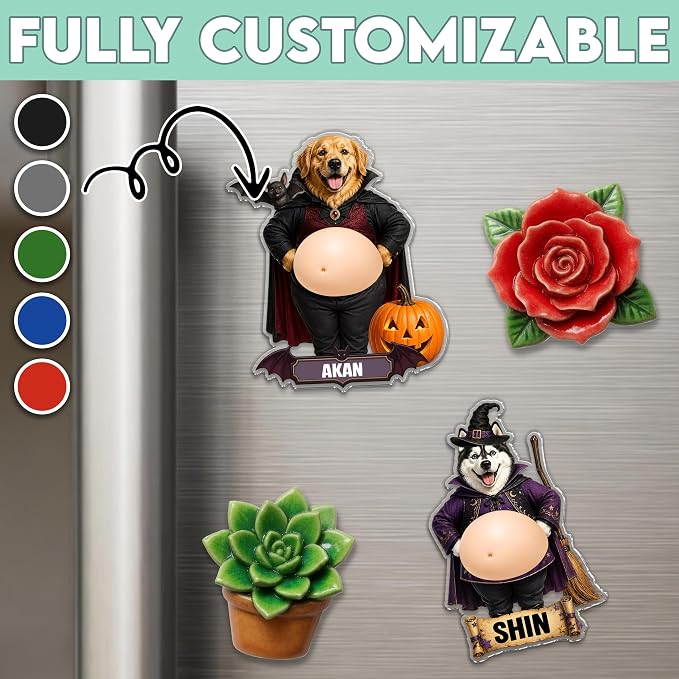 Customized Pet Halloween Photo Face Squishy Belly Fridge Magnet | Funny Custom Pet Face Character with Halloween Outfit, Personalized Name and Acrylic Gift for Dog and Cat Lovers