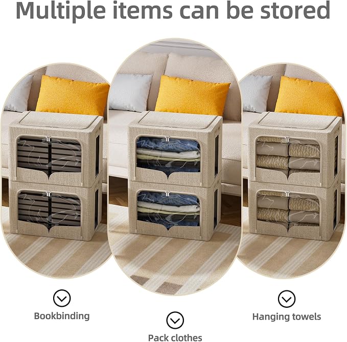 FHSQX 3 Pack Clothes Storage Bins - Foldable Metal Frame Storage Box - Stackable Linen Fabric Container Organizer Set with Carrying Handles and Clear Window (Beige, 15.7x11.8x9.8inch(30L))