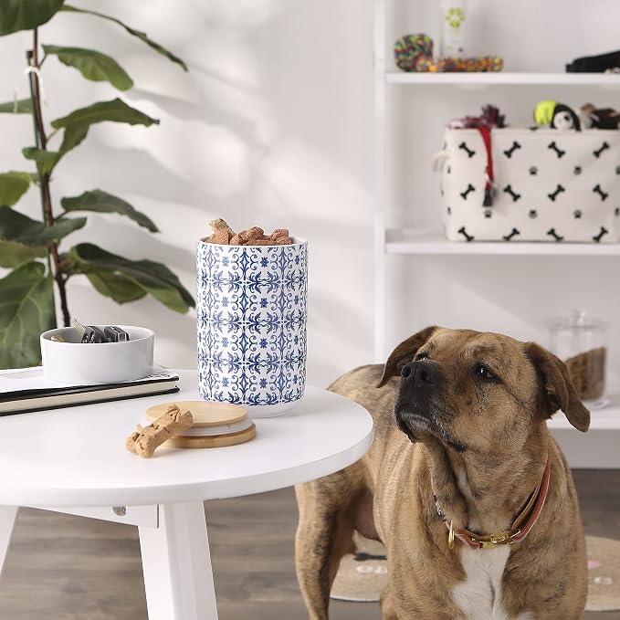Bone Dry Ceramic Pet Treat Canister with Bamboo Lid, Dishwasher Safe, Countertop Storage, Keep Dog & Cat Treats Safe & Dry, 4x6.5", Blue Tile