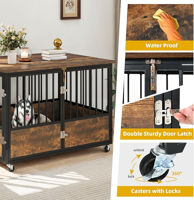 DWVO 43 Inch Dog Crate Furniture with Wheels & Double-Doors | Dog Kennel Indoor Furniture End Table, Farmhouse Decorative Wooden Dog Cage Table, Chew-Resistant, Rustic Brown