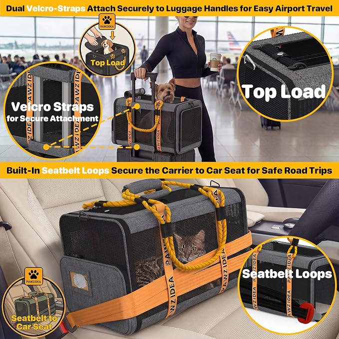 PAWZIDEA Expandable Pet Carrier with Wheels, TSA Airline Approved, Up 18lbs | 18x11x11 Underseat, Rolling Soft-Sided Carrier for Large Cats & Small Dog Travel Bag, Self-Locking Zippers, Telescopic Handle