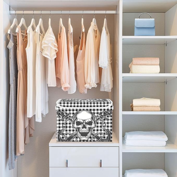 Fabric Storage Bins with Lid Gothic Skull Closet Bedroom 40L Fabric Bin | Decorative Storage Boxes, 300D Oxford Cloth, Hollow Board Frame, Flip Top Velcro Lid, 16.5x12.6x11.8 inch, Collapsible Design