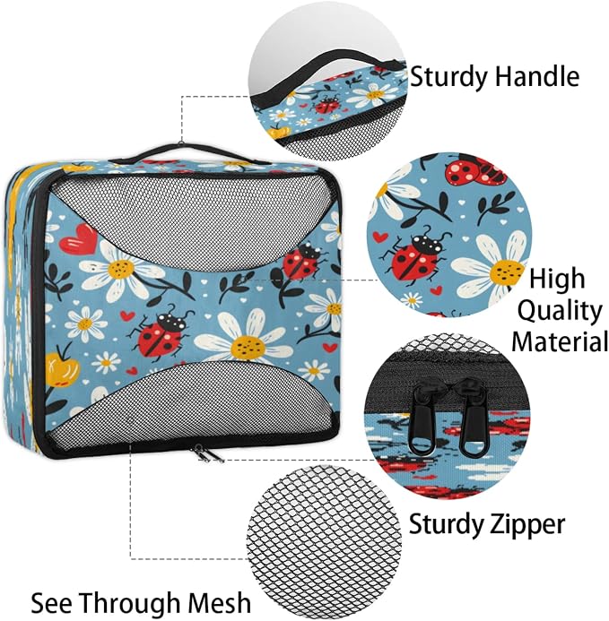 4 Set Packing Cubes for Travel, Ladybugs Florals Packing Cubes for Women, Travel Luggage Packing Organizers, Packing Cube Set, Daisy Flowers