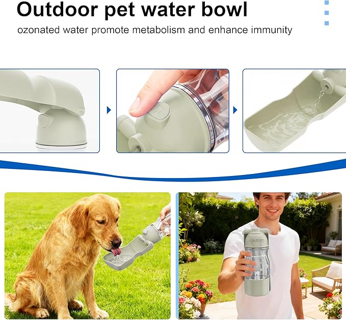 Amerisun Portable Dog Water Bottle with Ozone Purification - Active Oxygen Puppy Water Bowl & Dispenser for Travel, Improves Taste and Boosts Immunity for Pet Health Care Water Bottle (White)