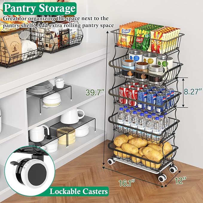 OKZEST 5 Tier Fruit Basket for Kitchen, Stackable Bins Wire Rack with Wheels, Fruit and Vegetable Storage Basket Pantry Food Snack Organizer Shelf, Kitchen Storage Cart for Onion and Potato, Produce | Kitchen pantry organizer rack with dirt catch tray,...