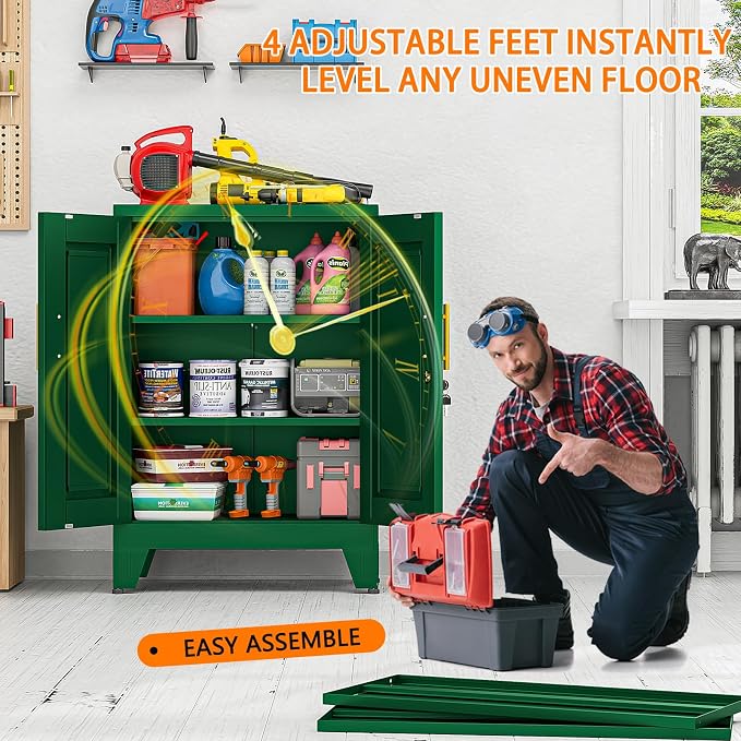 Small Metal Storage Cabinet, Lockable Tool Cabinet with Doors and 2 Shelves | Compact 23.6-Inch Width, 2 Adjustable Shelves, Locking Doors, Magnetic Closure, Adjustable Feet, Cold-Rolled Steel