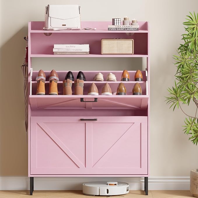 Xixini Shoe Storage Cabinet with 2 Flip Drawers, Entryway Shoe Rack, Pink | Freestanding Narrow Shoe Storage, Hidden Slim Wood Shoe Organizer, Modern Farmhouse, Open Storage & Hooks for Closet, Hallway
