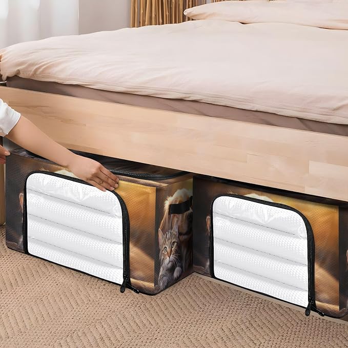 Foldable Storage Bin Dog and Cat Pattern Sturdy Under Bed Storage Container with Clear Window and Handle