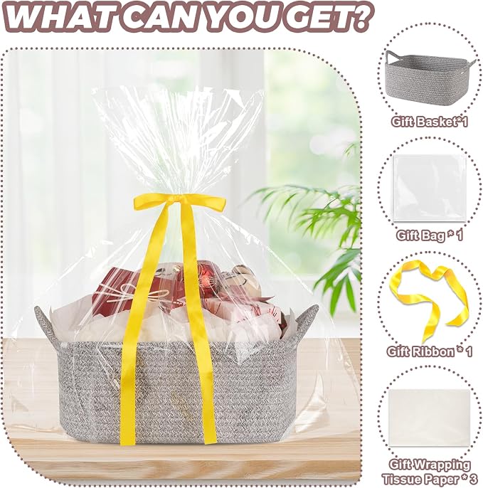 OIASKET Gift Basket Empty with Handle, Small Woven Baskets for Gifts Empty | 13.6"x10"x5.9", Baby Shower Toy Storage Baskets, Dog Toy Storage for Organizing, with Gift Bag Ribbon Tissue Paper