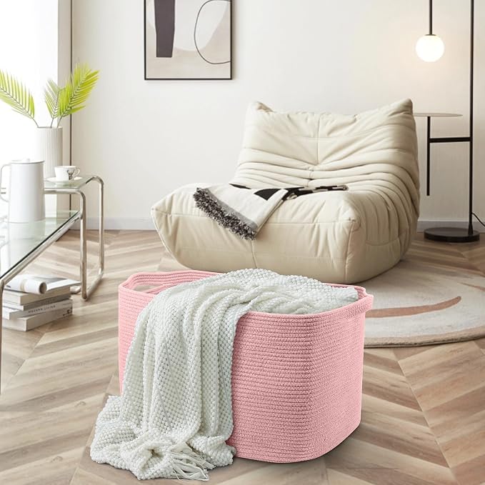 Extra Large Pink Storage Basket, 23.6" x 17" x 12" Rectangle Blanket Basket Living Room, Woven Cotton Rope Basket, Toy Basket Bins, Pink Baskets for Decor, Wicker Baby Laundry Basket