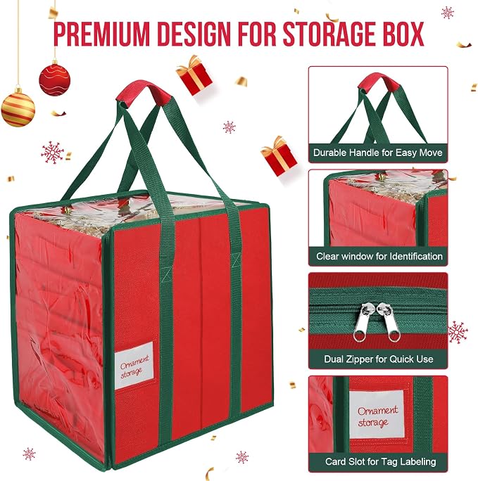 Christmas Ornament Storage Box,5 Tier Holds Up to 100-3” Holiday Décor | Xmas Ornament Organizer Container,Adjustable Dividers,Organizer Bin to Protect and Store Holiday Décor , 600D Oxford Fabric