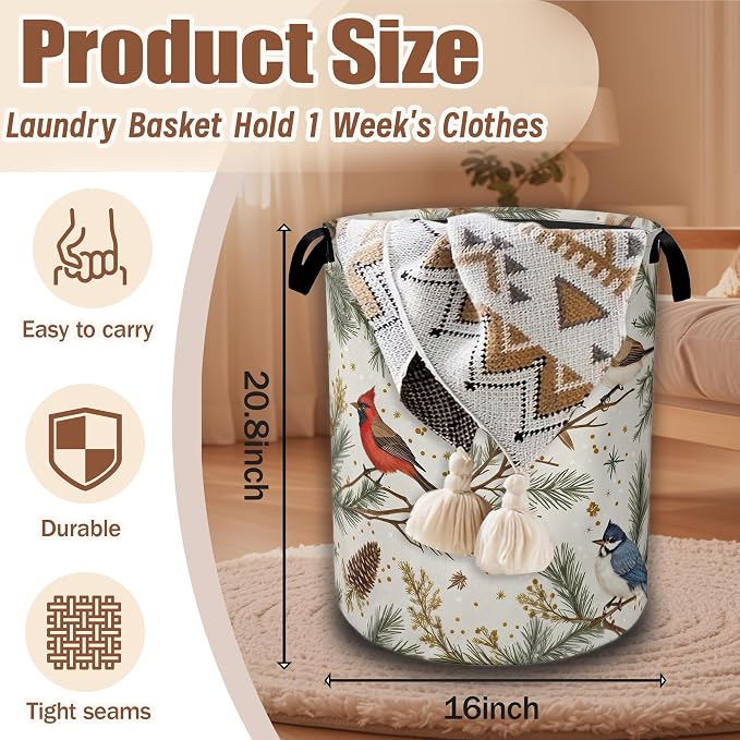 Blue Bird Cardinal Pine Laundry Baskets,Laundry Hamper,Storage Basket with Handles for Bathroom Bedroom College Dormitory Living Room Nursery Organizer 16"x20.8"