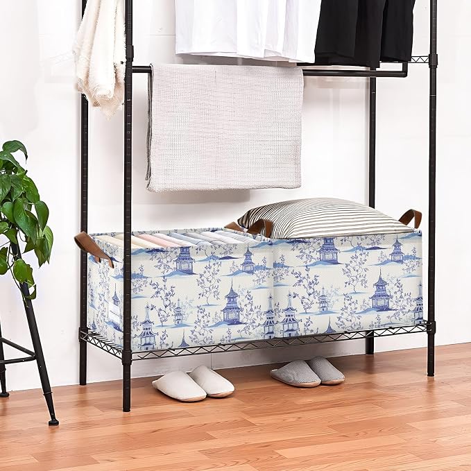 Chinoiserie Padogas Willow Tree Blue Storage Basket Foldable Cube Storage Bins with Handles&Label Waterproof Collapsible Organizer Box Bin Large Rectangle Decorative Baskets for Shelves Home Room