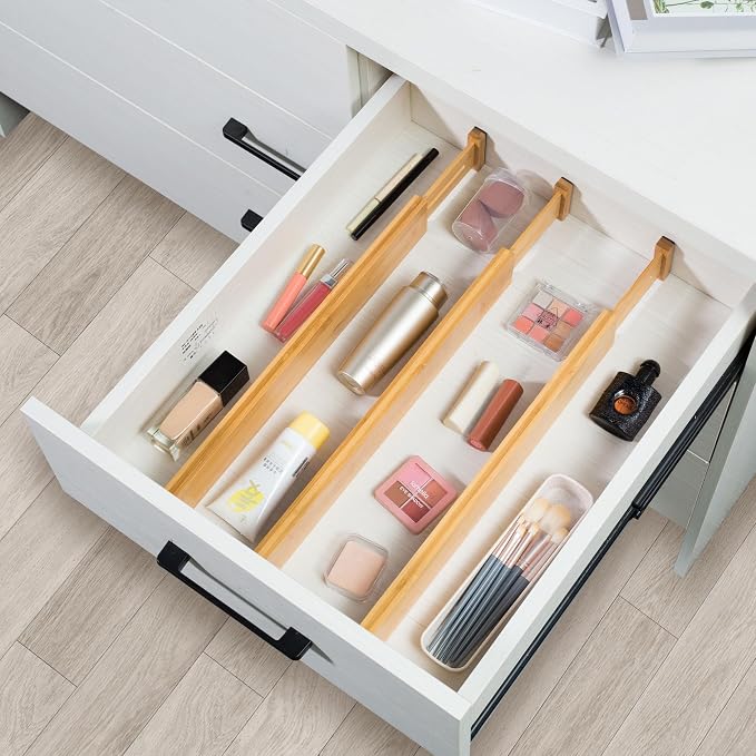 VaeFae 12-Pack Adjustable Bamboo Drawer Dividers, Expandable Drawer Organizer for Kitchen Utensils, Clothes, Bathroom, Office – Fits Drawer Interiors 16.6" to 21.8"