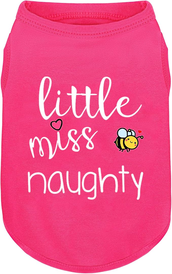 Pink Cotton Dog Shirt with 'Little Miss Naughty' Bee Print, Soft & Breathable Pet Apparel for Small to Large Dogs, All-Season Sleeveless Vest, Cute and Comfortable Dog Outfit.Pink XL