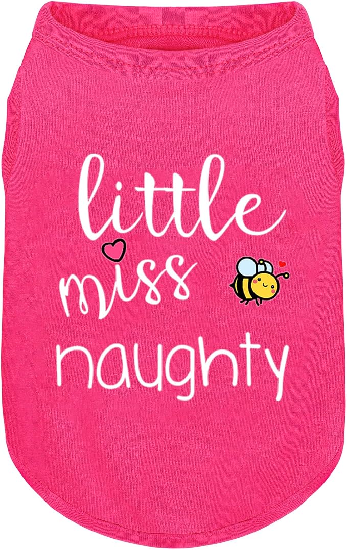 Pink Cotton Dog Shirt with 'Little Miss Naughty' Bee Print, Soft & Breathable Pet Apparel for Small to Large Dogs, All-Season Sleeveless Vest, Cute and Comfortable Dog Outfit.Pink L