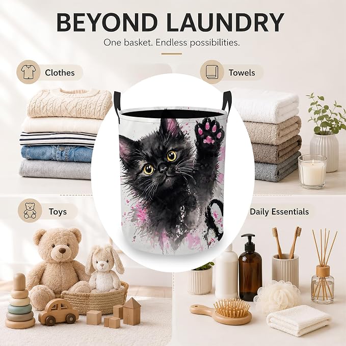 Black Kitten Laundry Basket Oxford Cloth Pink Paw Laundry Hamper With Handle Foldable Portable Clothes Storage Basket Storage Bag For Laundry Room/Bathroom/Bedroom/Dormitory 20.8"x16"