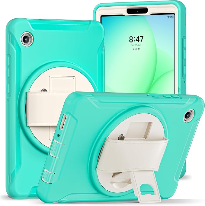 for Samsung Galaxy Tab A11 (2025) 8.7 inch Case 5G with Screen Protector, Hand Strap, Pen Holder & 360° Rotating Stand,Shockproof Protective Cover for SM-X130/X133/X135 (Green B)