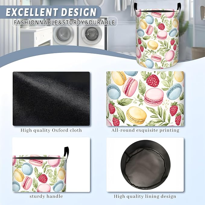Sweet Macaron Laundry Basket, Green Leaves Flower Dessert Storage Hamper, Round Collapsible Waterproof Cloth Bin, 19.7x15.7 Inch Cute Cartoon Clothes Organizer Gifts for Bathroom Decor