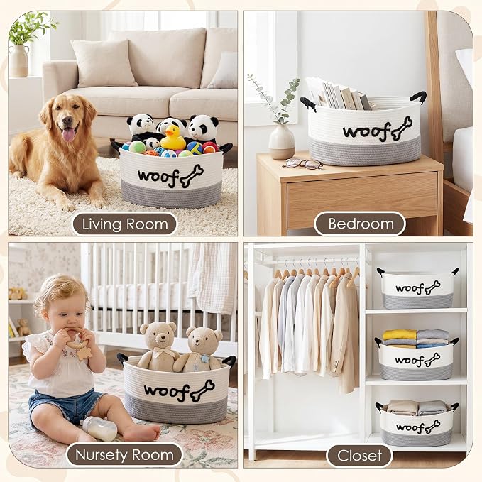 Zhehao Dog Woven Toy Basket with Handles, 19 x 11 x 9 in, White Gray | Cotton Rope Dog Toy Storage Bin, Pet Basket with Woof Bone Embroidery, for Puppy Bone & Blankets