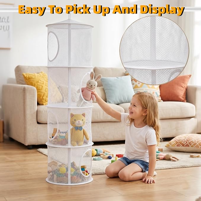 Hanging Stuffed Animal Storage Hammock Net 4 Tiers, White | Hanging Mesh Storage Organizer for Kids Room, Holds Plushies, Gloves, Hats, Socks, Foldable Space-saving Design