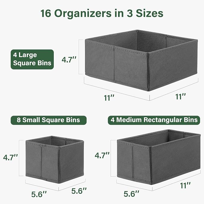 Kootek 16 Pack Drawer Organizer Clothes Dresser Organizers for Clothing | 3 Sizes Bins, Foldable, Breathable Non-Woven Fabric, Closet Organizers and Storage, Easy Assembly, Hold Baby Clothes, Nursery