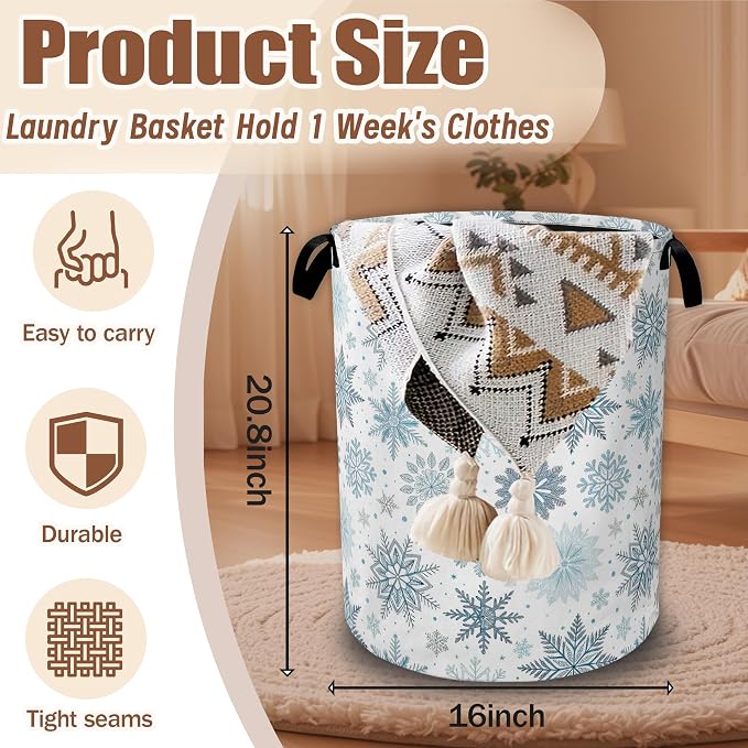 Winter Snowflake Laundry Basket,Laundry Hamper Waterproof Oxford Cloth Tote Bag,Clothes Storage Bucket Decorative Toy Organizer for Bathroom Bedroom 16" x 20.8"