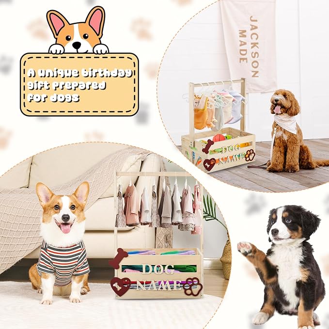 Wooden Pet Wardrobe Closet Toy Basket Box with Hanging Rods Personalized Pet Alphabet Letters Easy Assembly Baskets Dog Toy Box for Dog Cat Toys Clothes Organization Storage Accessories
