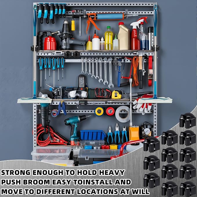Vercraft 12 Pcs Magnetic Broom Holder Wall Mounted Anti Slip Rack,Black | Movable Magnetic Organizer for Mops Brooms, Dual Roller Grip, Wall Storage for Garage Kitchen Laundry Garden Tools