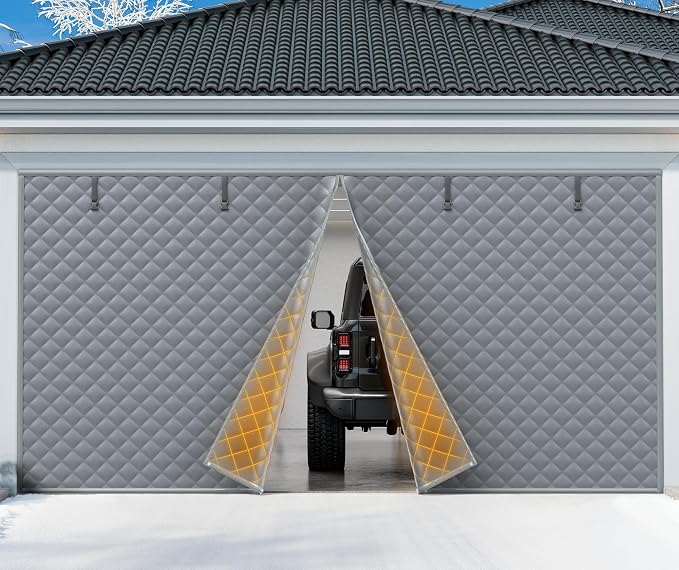 Car Garage Door Insulation Kit Fits 8x7 FT, Magnetic Thermal Insulated Door Curtain for Winter, Thermal Door Cover for Cold with Thickened Cotton, Garage Door Screen for 1 Car - Gray