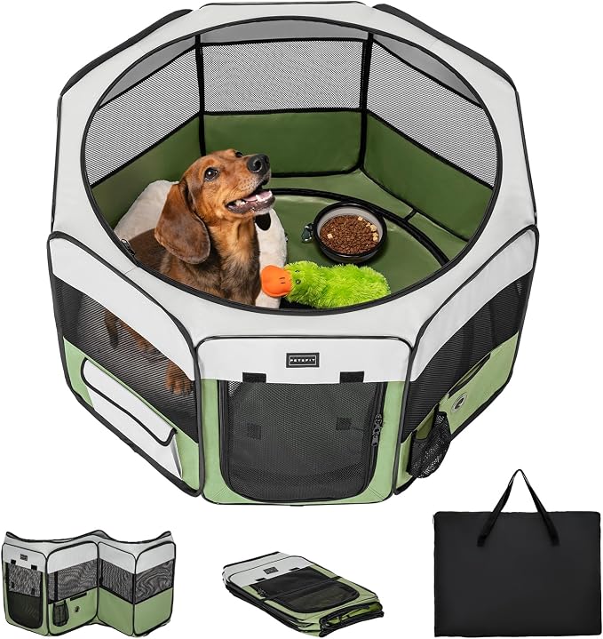 PETSFIT Portable Dog Playpen 36", Removable Waterproof Mat, Zippered Roof | 3-Second Setup, Collapsible Storage, RV Camping Travel, Indoor Outdoor Use, Medium Dogs and Cats, 36"L x 36"W x 21"H