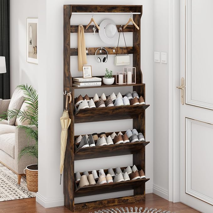 Shoe Cabinet for Entryway with 3 Flip Drawers, Brown Tall Wood Shoe Storage Cabinet with Coat Rack, Narrow Hidden Slim Freestanding Shoe Rack Organizer, 2 in 1 Hall Tree for Living Room, Hallway