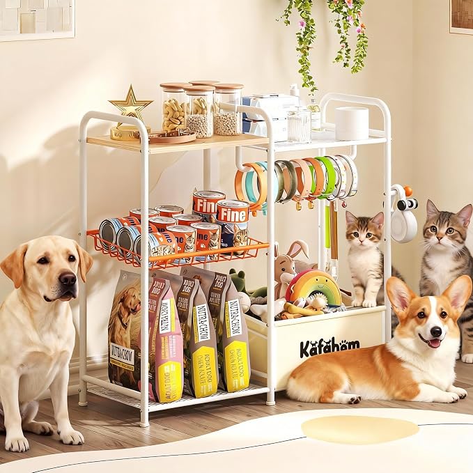 KAFAHOM Dog Toy Bin, Multi-Functional Dog Toy Basket with Collar Rod & Can Dispenser, Puppy Essentials Shelf, Dog Stuff Box, Perfect Basket for Dog Toys in Living Room, Great Gift for Pet Lovers