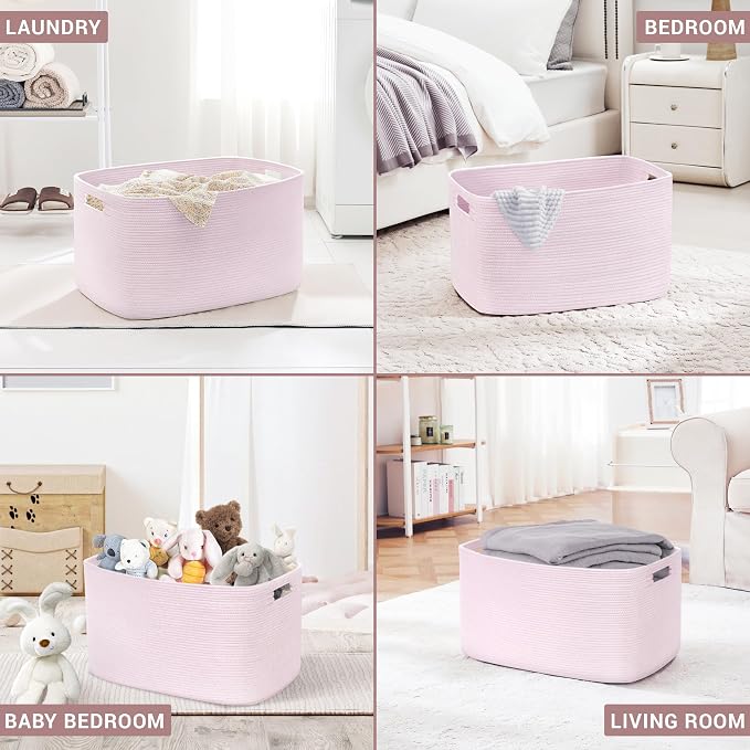 72L Large Woven Laundry Basket Hamper with Handles, Pink | collapsible wicker hamper, storage for dirty clothes, toys, blankets, gifts, living room, bedroom, bathroom, 22"x17"x12"
