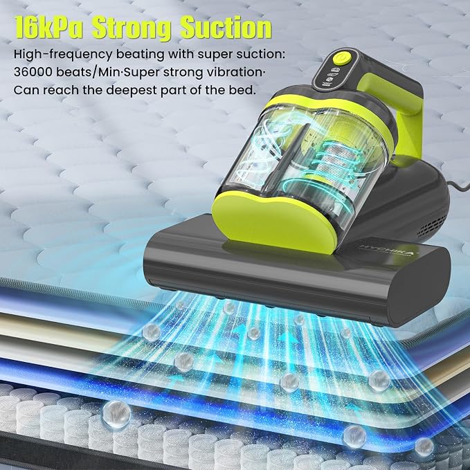 Mattress Vacuum Cleaner UV for Pet Hair,16kPa Power Suction UV Bed Vacuum Cleaner,140°F Heated Function,Ultrasonic High Tapping,HEPA Filter,Bed Vacuum for Sofa, Couch, Crib(Corded,4.5Amp)