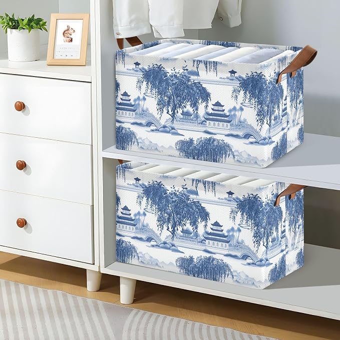 Blue and White Porcelain Pavilions Willow Tree Storage Bins for Shelves with Labels&Handles Fabric Organizer Bin Foldable Rectangle Storage Basket Boxes for Closet, Bathroom, Home, Living Room, 2 Pack