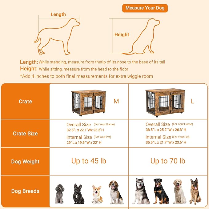 2 Pack Dog Crate Furniture, 32'' Heavy Duty Kennel with Cushion & Wheels | Rustic Brown, Double Doors, Wooden Dog Cage, Chew-Resistant, End Table, Decorative, 27"/32"/38"/44" Options, Indoor